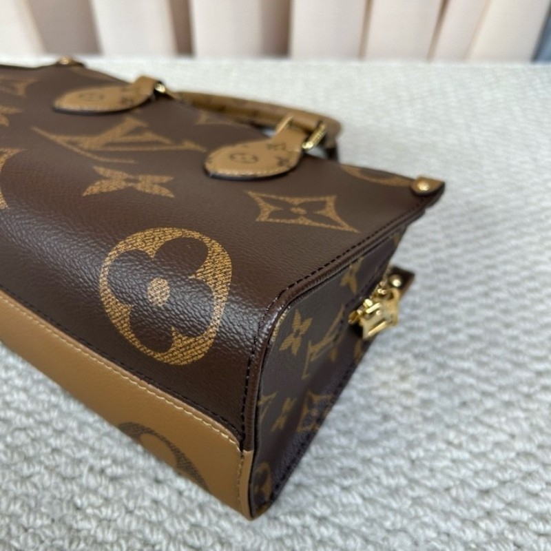 wwh bj LV路易威登onthego橫版老花托特包 經典老花配棕色皮革 金色五金配件 寬肩帶 可單肩可斜挎可手提 容量實用 日常通勤百搭-11