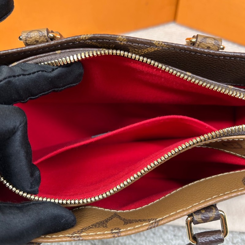 wwh bj LV路易威登onthego橫版老花托特包 經典老花配棕色皮革 金色五金配件 寬肩帶 可單肩可斜挎可手提 容量實用 日常通勤百搭-12