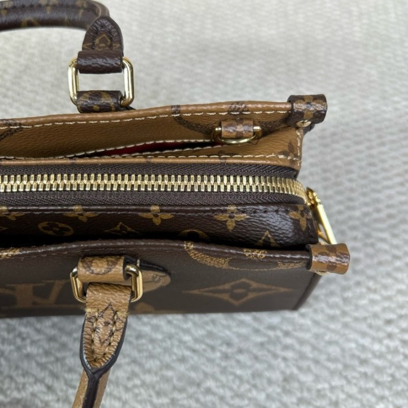 wwh bj LV路易威登onthego橫版老花托特包 經典老花配棕色皮革 金色五金配件 寬肩帶 可單肩可斜挎可手提 容量實用 日常通勤百搭-14