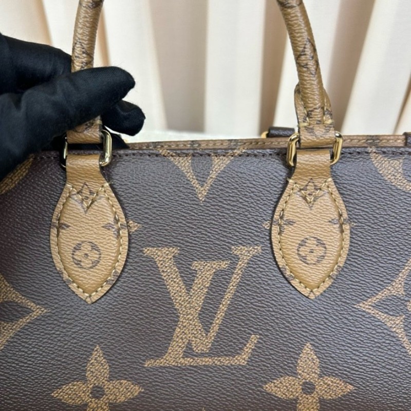 wwh bj LV路易威登onthego橫版老花托特包 經典老花配棕色皮革 金色五金配件 寬肩帶 可單肩可斜挎可手提 容量實用 日常通勤百搭-15