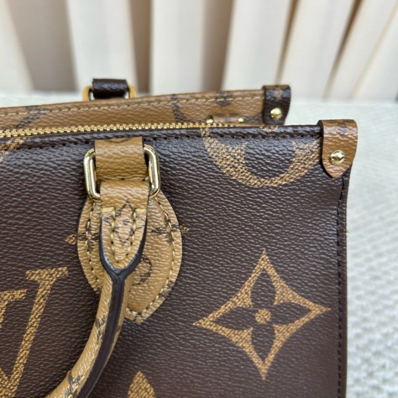 wwh bj LV路易威登onthego橫版老花托特包 經典老花配棕色皮革 金色五金配件 寬肩帶 可單肩可斜挎可手提 容量實用 日常通勤百搭-16