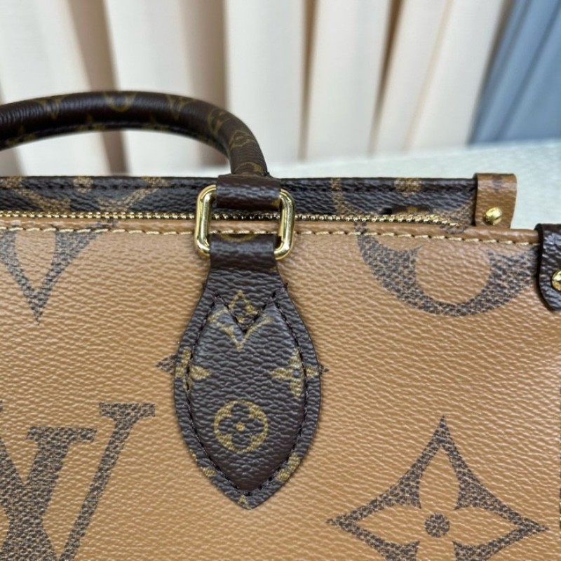 wwh bj LV路易威登onthego橫版老花托特包 經典老花配棕色皮革 金色五金配件 寬肩帶 可單肩可斜挎可手提 容量實用 日常通勤百搭-19