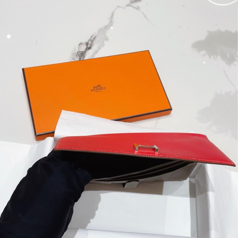 Hermès 愛馬仕Bearn H長夾 大象灰拼心紅 Epsom 皮 P刻 盒裝 幾乎全新-2