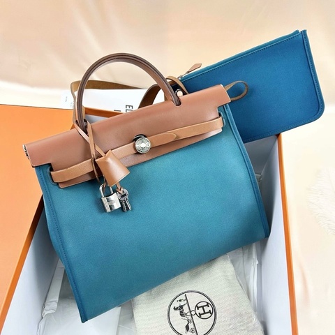 Hermès Herbag 31 藍色帆布拼自然色皮革 銀扣 肩背手提兩用 附內袋鎖鑰盒塵