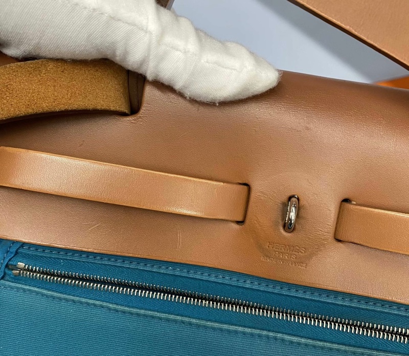 Hermès Herbag 31 藍色帆布拼自然色皮革 銀扣 肩背手提兩用 附內袋鎖鑰盒塵-3
