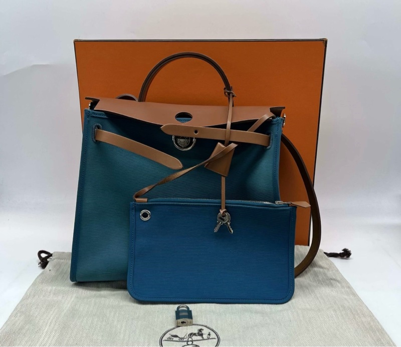 Hermès Herbag 31 藍色帆布拼自然色皮革 銀扣 肩背手提兩用 附內袋鎖鑰盒塵-4