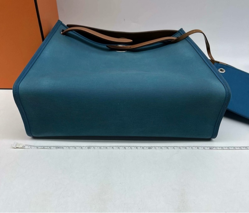 Hermès Herbag 31 藍色帆布拼自然色皮革 銀扣 肩背手提兩用 附內袋鎖鑰盒塵-5