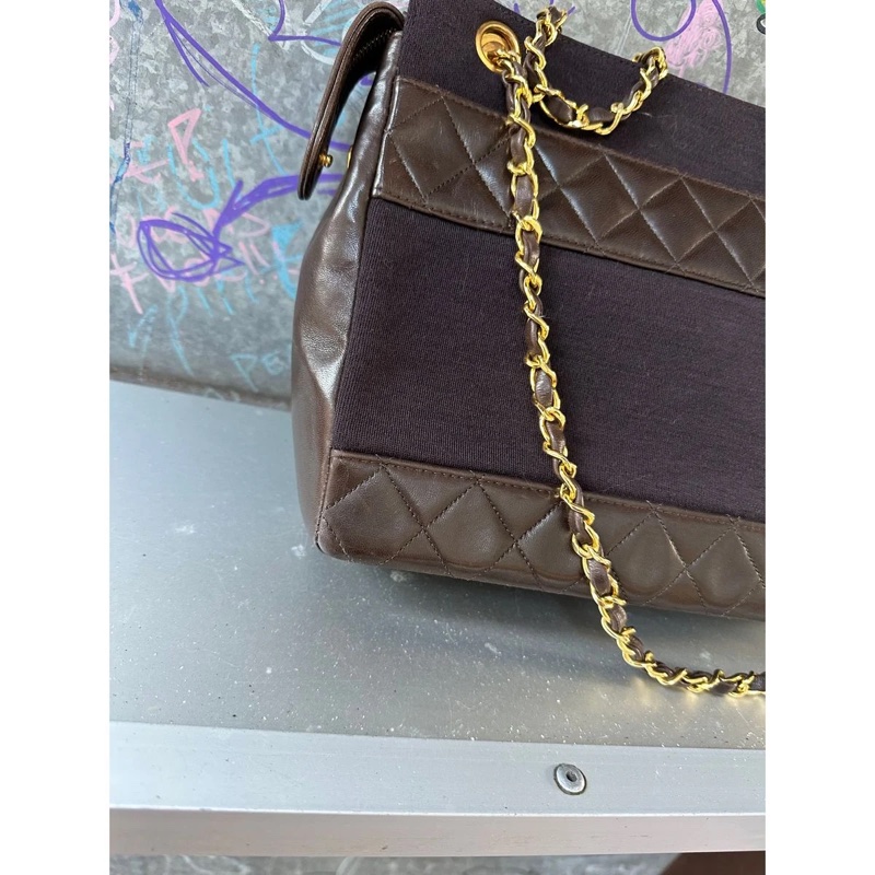 香奈兒 包 鏈條包 斜挎包 斜背包 側背包 手提包 深咖啡色 帆布 復古包 皮革包 包包 皮革包  二手包 中古包 二手  復古 古董包 稀有小極品 Vintage Chanel 2.55  crossbody bag 轉扣深棕皮革帆布鍊帶包-10