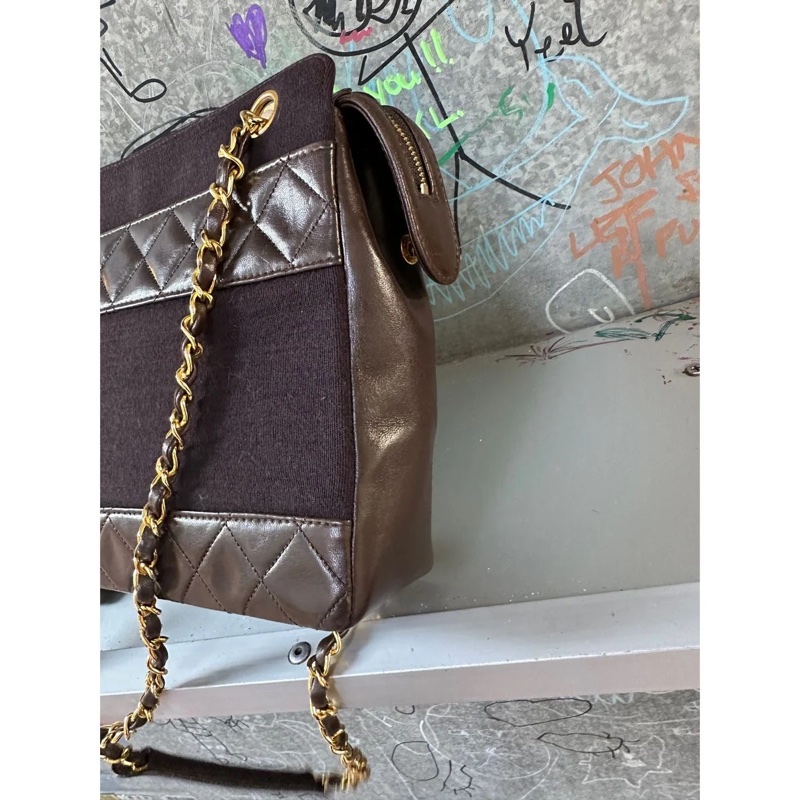 香奈兒 包 鏈條包 斜挎包 斜背包 側背包 手提包 深咖啡色 帆布 復古包 皮革包 包包 皮革包  二手包 中古包 二手  復古 古董包 稀有小極品 Vintage Chanel 2.55  crossbody bag 轉扣深棕皮革帆布鍊帶包-12