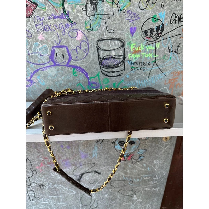 香奈兒 包 鏈條包 斜挎包 斜背包 側背包 手提包 深咖啡色 帆布 復古包 皮革包 包包 皮革包  二手包 中古包 二手  復古 古董包 稀有小極品 Vintage Chanel 2.55  crossbody bag 轉扣深棕皮革帆布鍊帶包-13