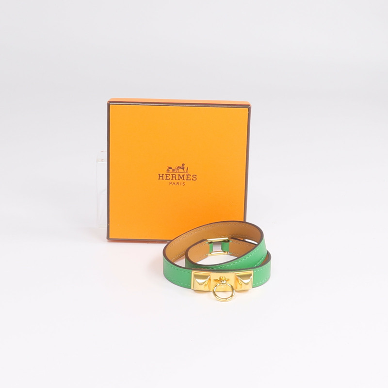 HERMES Swift皮革Rivale Double Tour Bracelet金扣手鏈Menthe-9