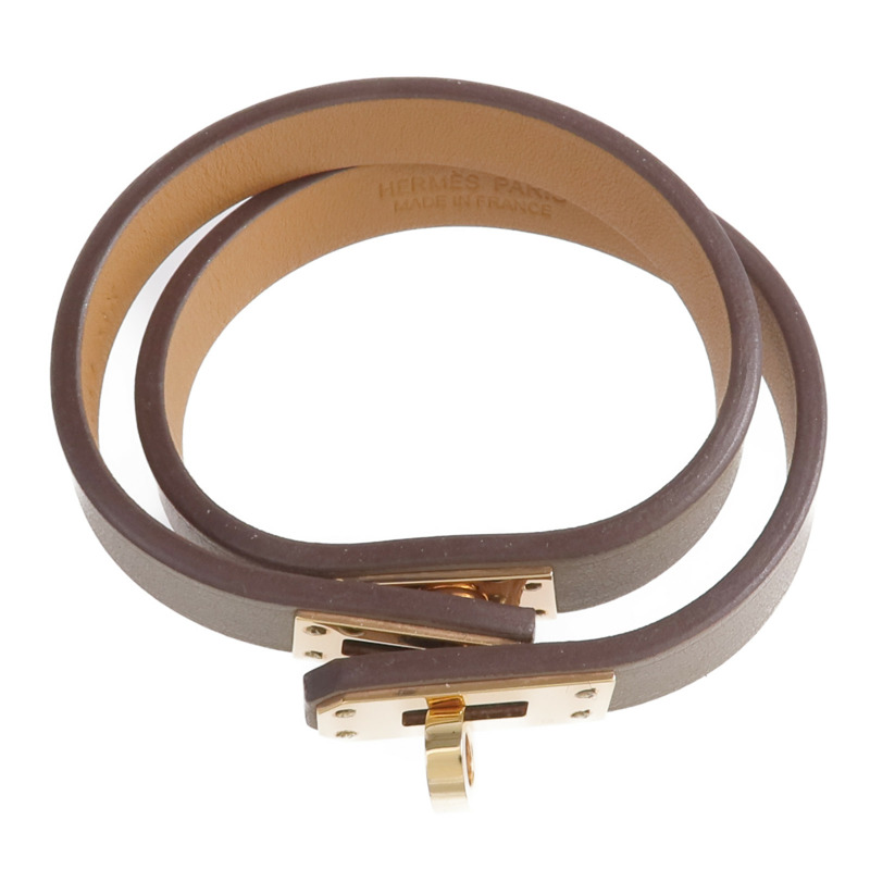 HERMES Swift皮革Kelly Double Tour Bracelet金扣手鏈Etain-3