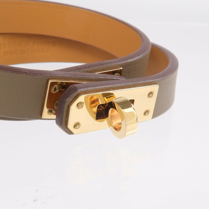 HERMES Swift皮革Kelly Double Tour Bracelet金扣手鏈Etain-4