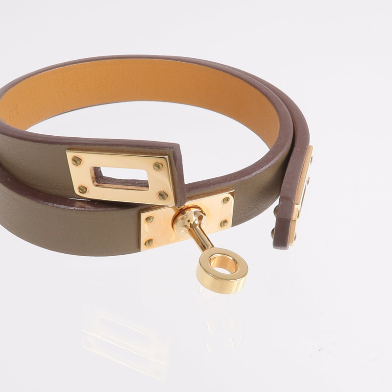 HERMES Swift皮革Kelly Double Tour Bracelet金扣手鏈Etain-5