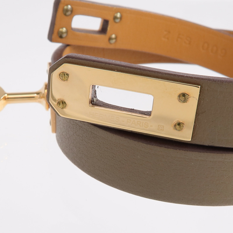 HERMES Swift皮革Kelly Double Tour Bracelet金扣手鏈Etain-6