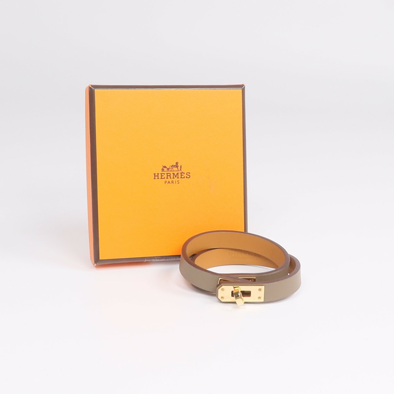 HERMES Swift皮革Kelly Double Tour Bracelet金扣手鏈Etain-12