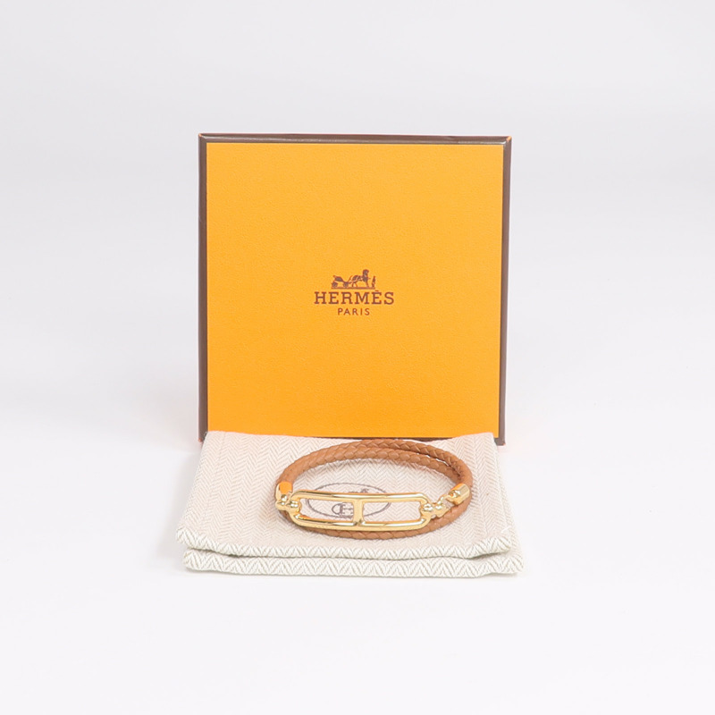 HERMES Swift皮革Roulis Double Tour Bracelet金扣手鏈Gold-8