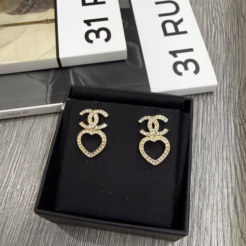全新chanel 香奈兒愛心CC耳環水鑽耳釘 淡金色-0