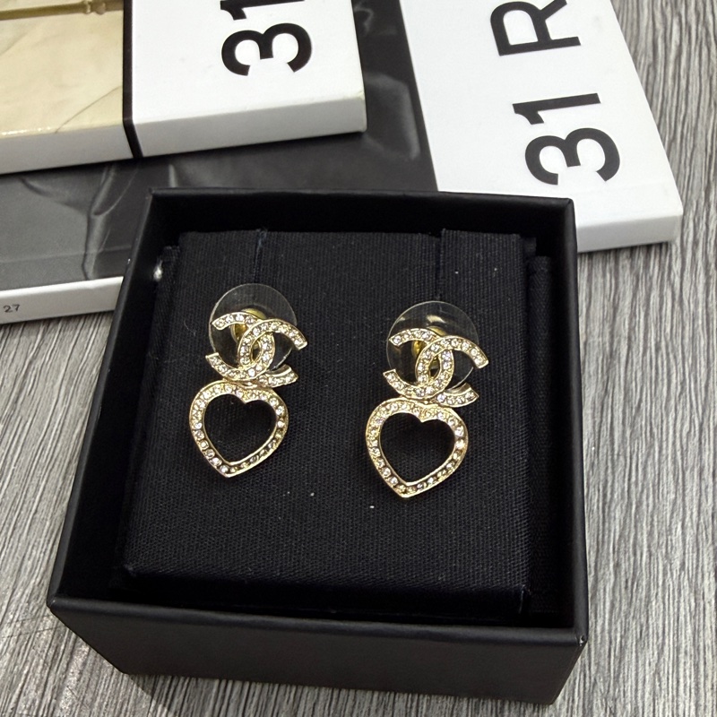 全新chanel 香奈兒愛心CC耳環水鑽耳釘 淡金色-4