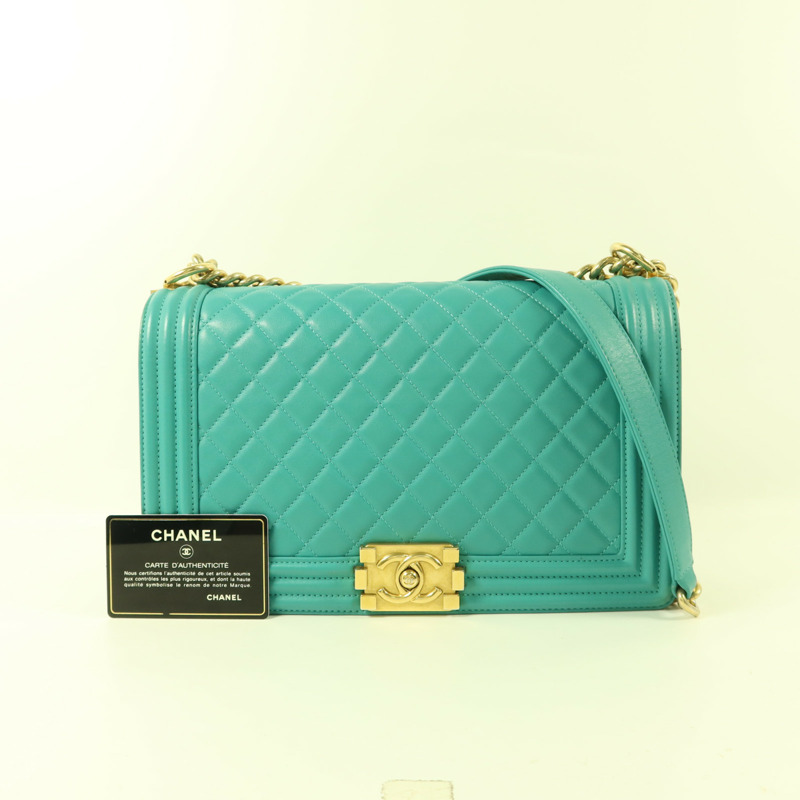 CHANEL 羊皮皮革Boy 28金扣鏈帶肩背袋-9