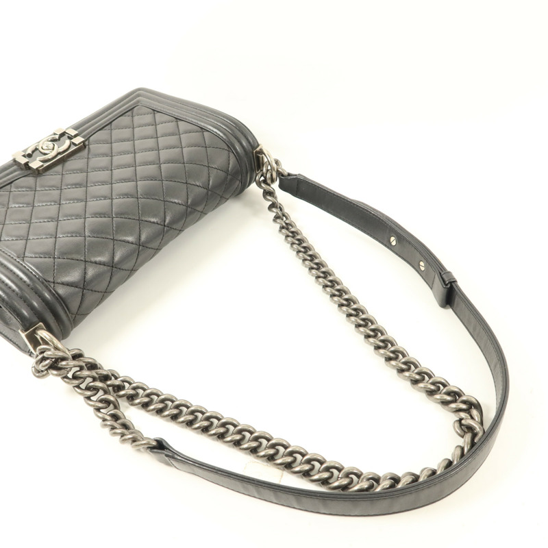 CHANEL 羊皮皮革Boy 25銀扣鏈帶肩背袋-9