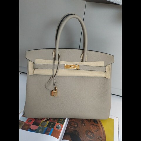Hermes 金釦淺灰皮革柏金35 birkin