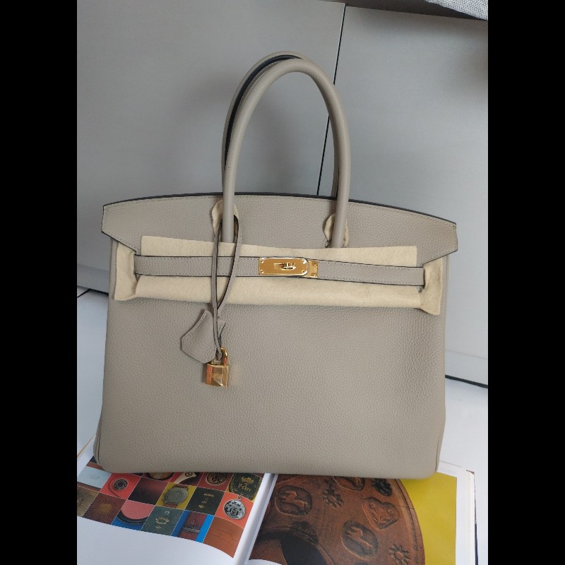 Hermes 金釦淺灰皮革柏金35 birkin-0