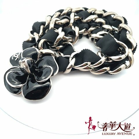 ＊奢華大道國際精品＊【CH0677】CHANEL 黑色琺瑯山茶花帆布腰鍊