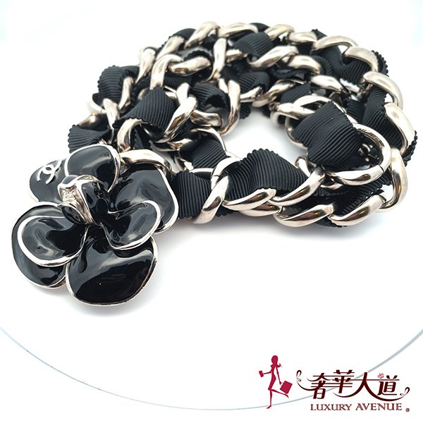 ＊奢華大道國際精品＊【CH0677】CHANEL 黑色琺瑯山茶花帆布腰鍊-0