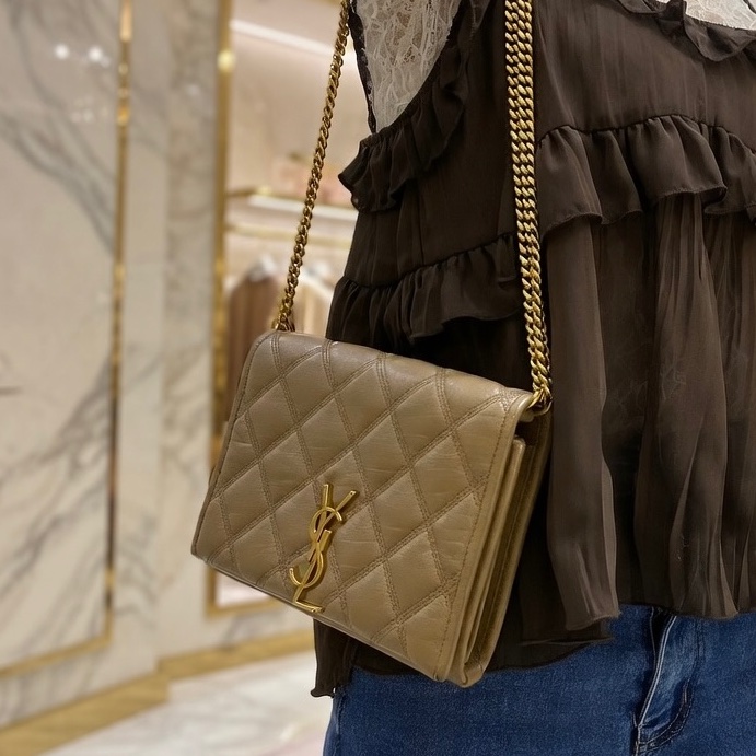 YSL奶茶色 小羊皮 BECKY WOC 菱格紋肩背包/斜背包-4