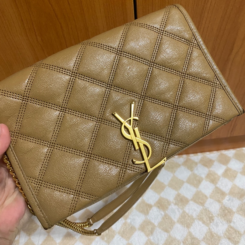 YSL奶茶色 小羊皮 BECKY WOC 菱格紋肩背包/斜背包-5