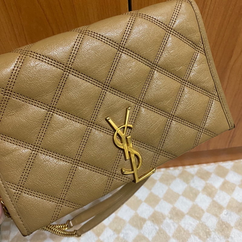 YSL奶茶色 小羊皮 BECKY WOC 菱格紋肩背包/斜背包-6