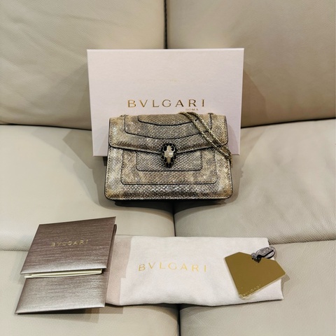 BVLGARI寶格麗 經典蛇頭包/斜背包/香檳金銀色/95新美品