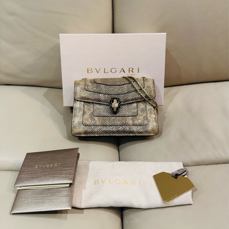 BVLGARI寶格麗 經典蛇頭包/斜背包/香檳金銀色/95新美品-0
