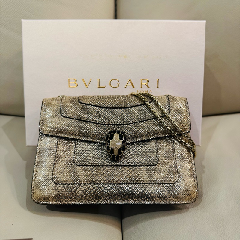 BVLGARI寶格麗 經典蛇頭包/斜背包/香檳金銀色/95新美品-1
