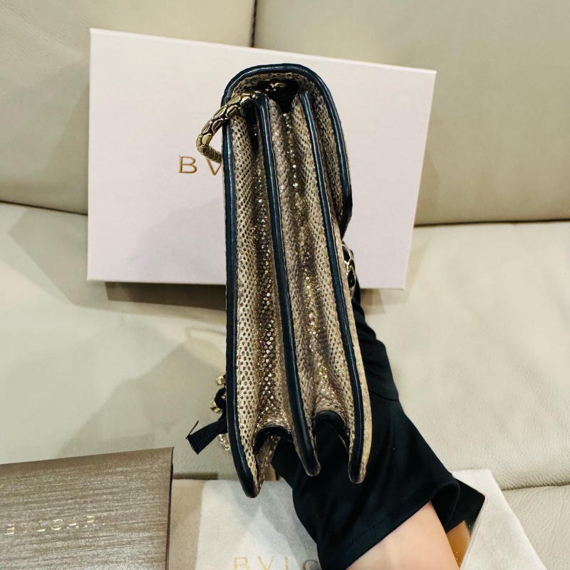 BVLGARI寶格麗 經典蛇頭包/斜背包/香檳金銀色/95新美品-3