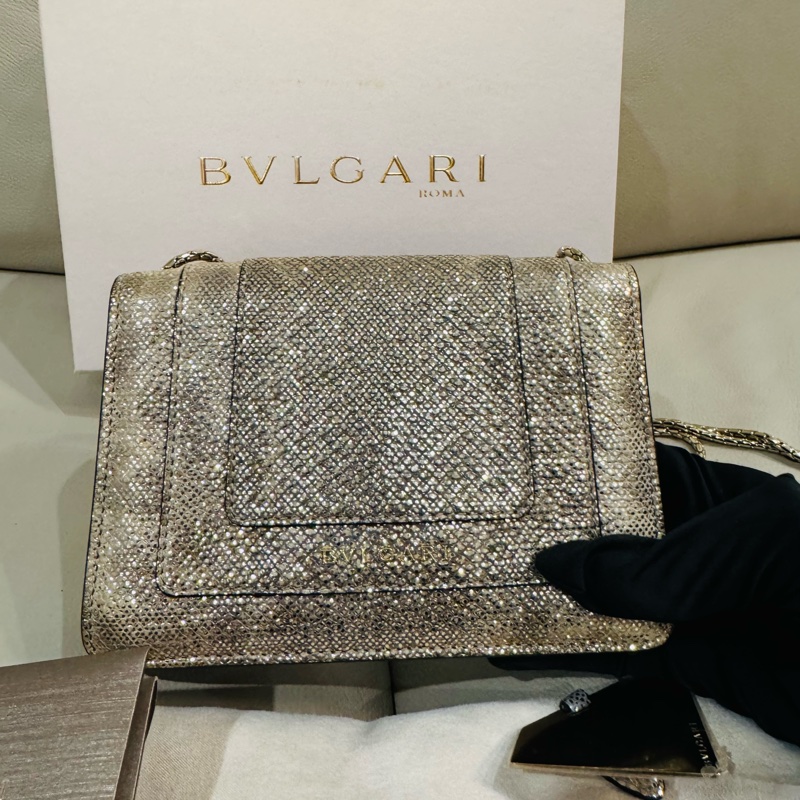 BVLGARI寶格麗 經典蛇頭包/斜背包/香檳金銀色/95新美品-6