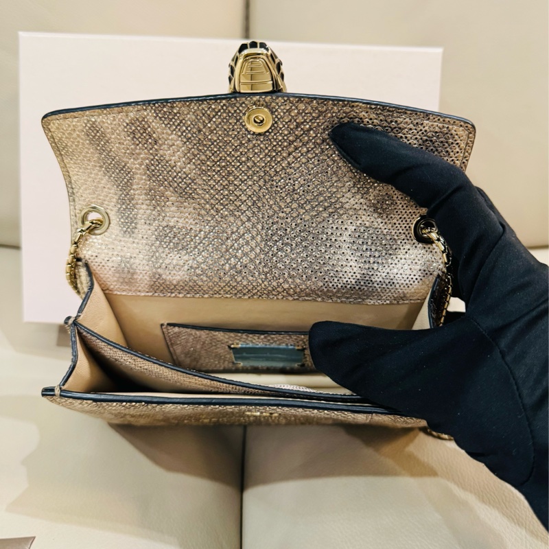 BVLGARI寶格麗 經典蛇頭包/斜背包/香檳金銀色/95新美品-7