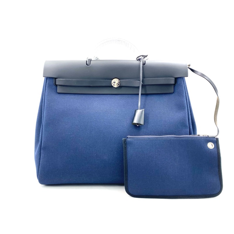 Hermes 愛馬仕herbag 藍色帆布拼皮-0