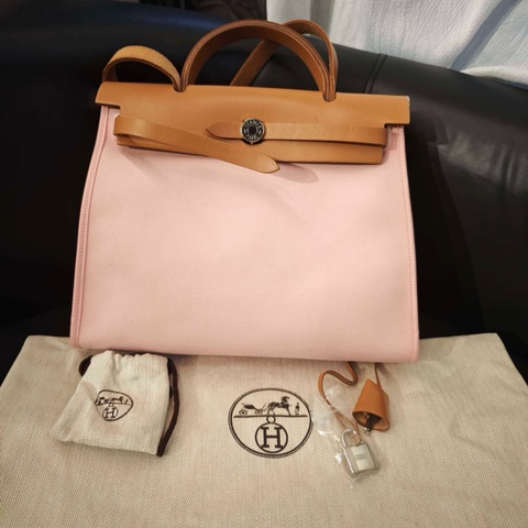 Hermes 愛馬仕 Herbag 粉色帆布拼皮銀扣子母包手提包單肩包
