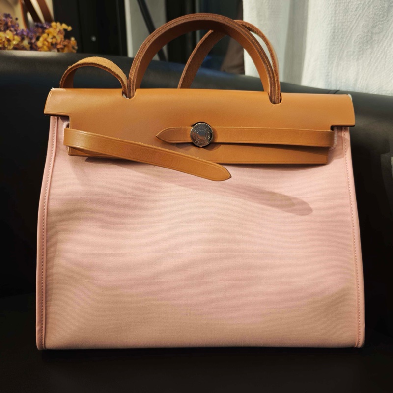Hermes 愛馬仕 Herbag 粉色帆布拼皮銀扣子母包手提包單肩包-1