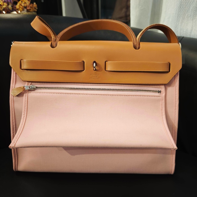 Hermes 愛馬仕 Herbag 粉色帆布拼皮銀扣子母包手提包單肩包-2
