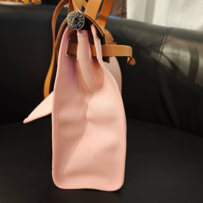 Hermes 愛馬仕 Herbag 粉色帆布拼皮銀扣子母包手提包單肩包-3