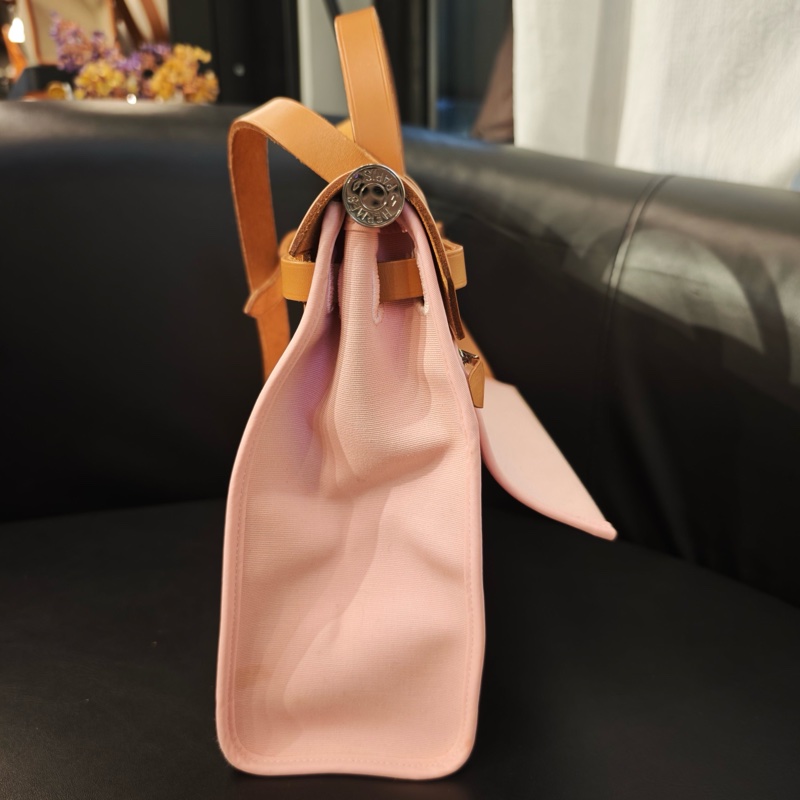 Hermes 愛馬仕 Herbag 粉色帆布拼皮銀扣子母包手提包單肩包-4