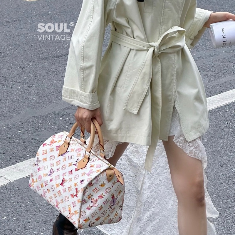 LV speedy30限量款 白色水彩系列手提包 30*21*17.5 98新配件塵袋-0