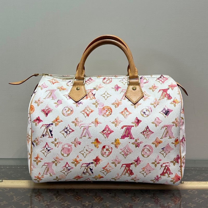 LV speedy30限量款 白色水彩系列手提包 30*21*17.5 98新配件塵袋-6