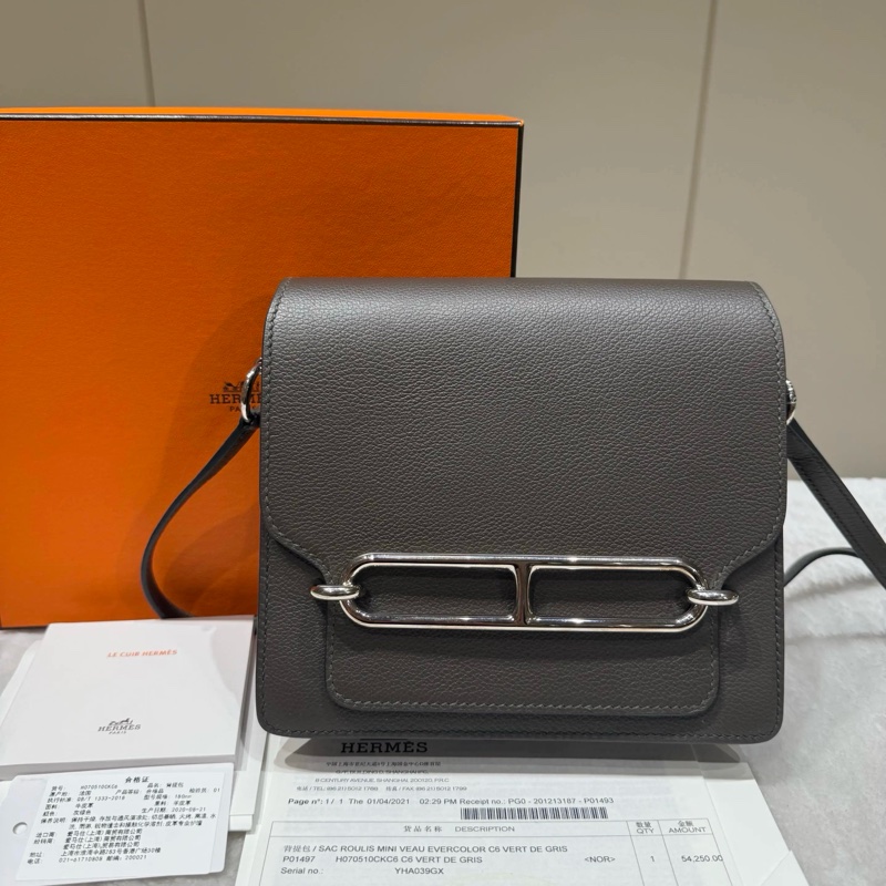愛馬仕C6灰綠色銀扣evercolor皮Roulis豬鼻子18-0