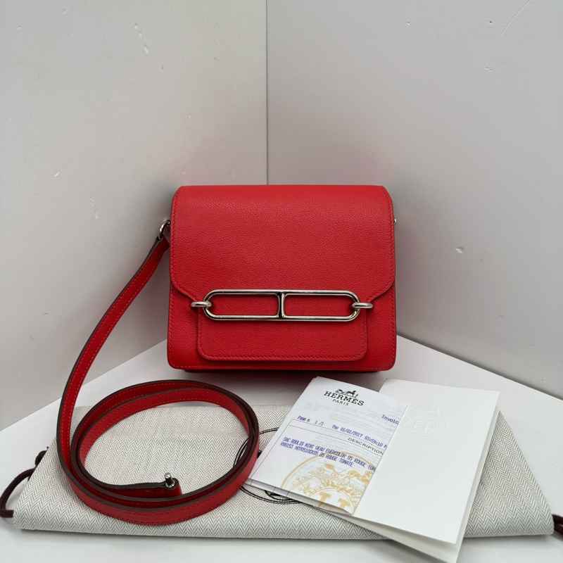 Hermes愛馬仕roulis mini番茄紅銀扣豬鼻子單肩斜挎包-0