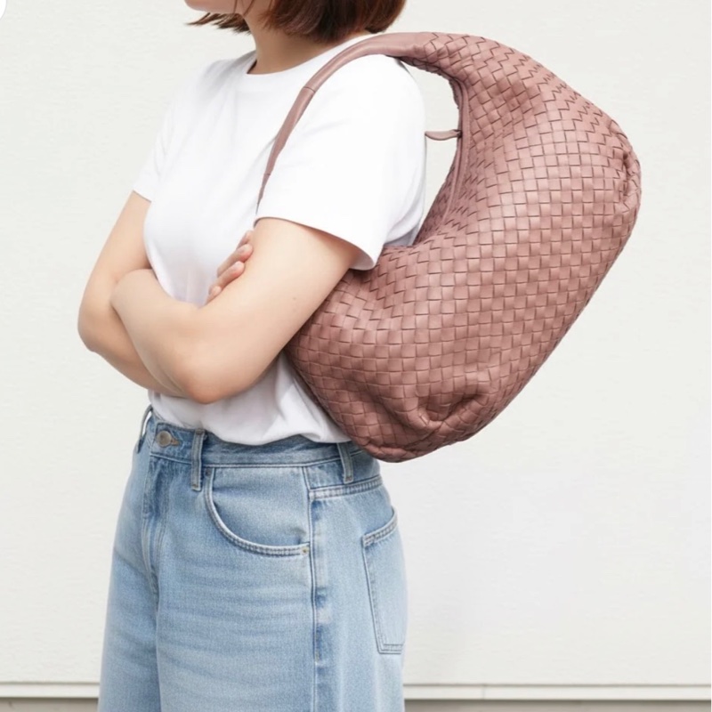 「JL精品代購」98新 BV 羊皮編織和尚包 乾燥玫瑰色-1