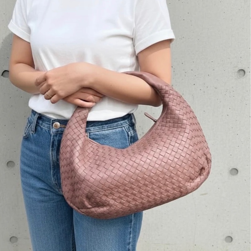 「JL精品代購」98新 BV 羊皮編織和尚包 乾燥玫瑰色-2